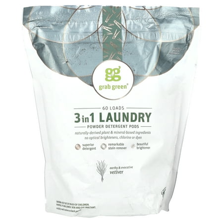 Grab Green 3-in-1 Laundry Detergent Pods, Stain Remover, Brightener, Vetiver Scent, 60 Loads