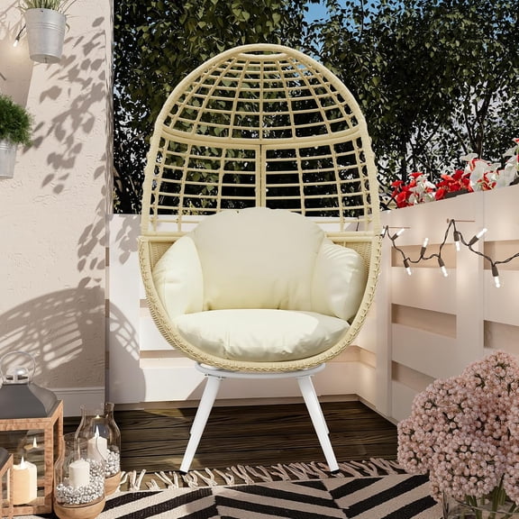 Vmopu Egg Swivel Chair Beige Outdoor - Rattan Wicker Patio Hammock Chair with Metal Frame and UV Resistant Cushion for Indoor Bedroom Balcony (Swivel Base)