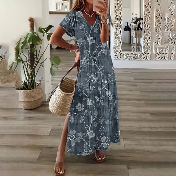 Yotami Women's Plus Size Short Sleeve Dress V-Neck Floral Print Summer Side Slit Maxi Dress Sundress for Holiday