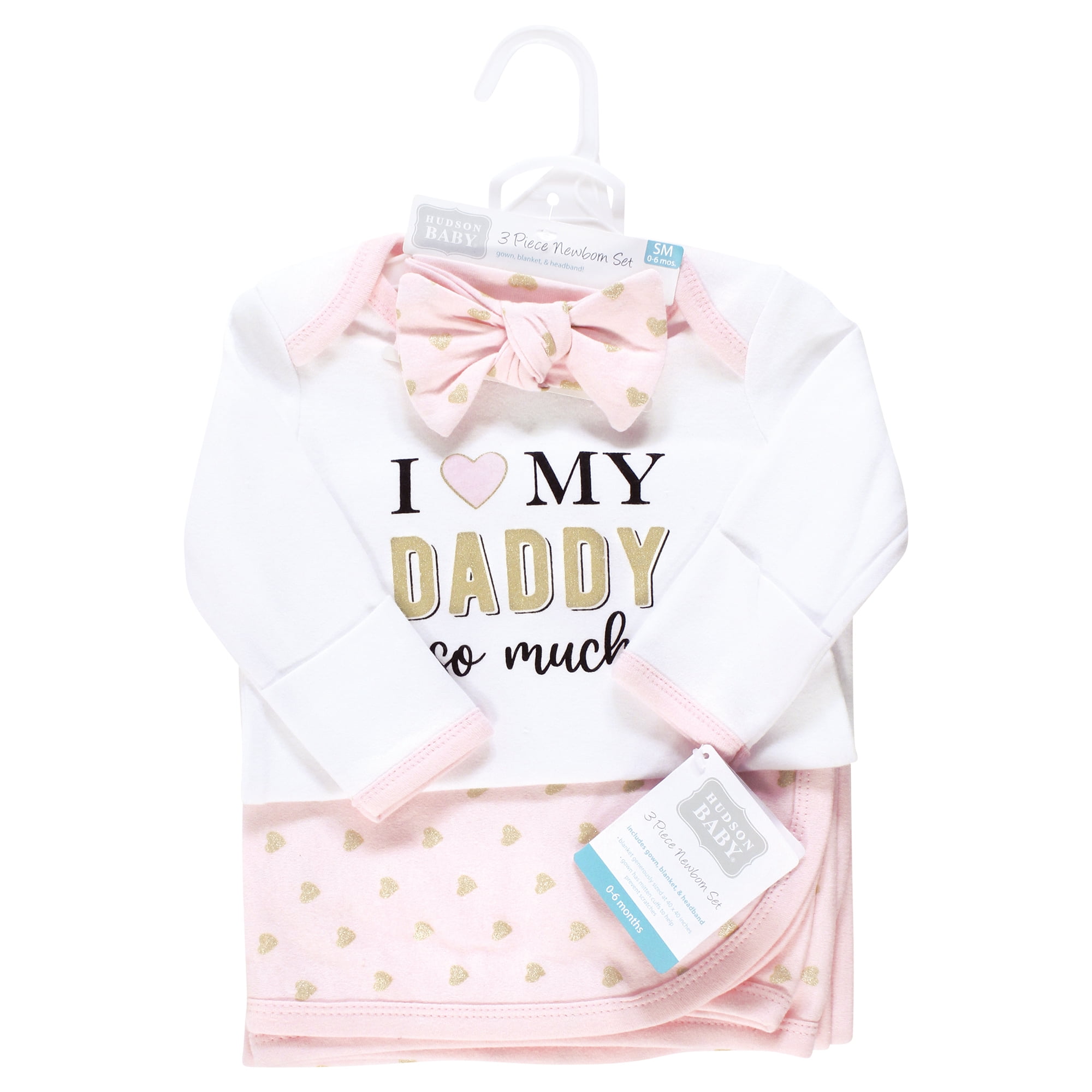 Hudson Baby Infant Girl Gown, Swaddle Blanket and Cap or Headband, Daddy Hearts, 0-6 Months