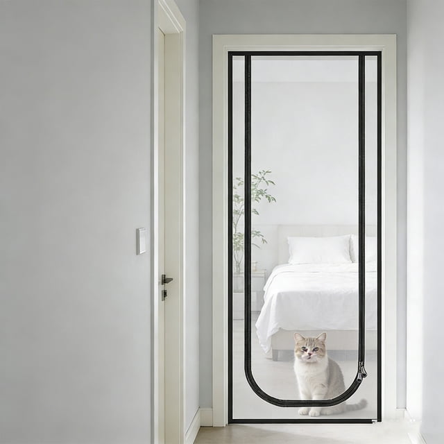 Cortina de puerta con cremallera para mascotas – Malla antimosquitos a prueba de gatos, diseño plegable sin necesidad de taladrar para la puerta, barrera para mascotas (gatos y perros), malla