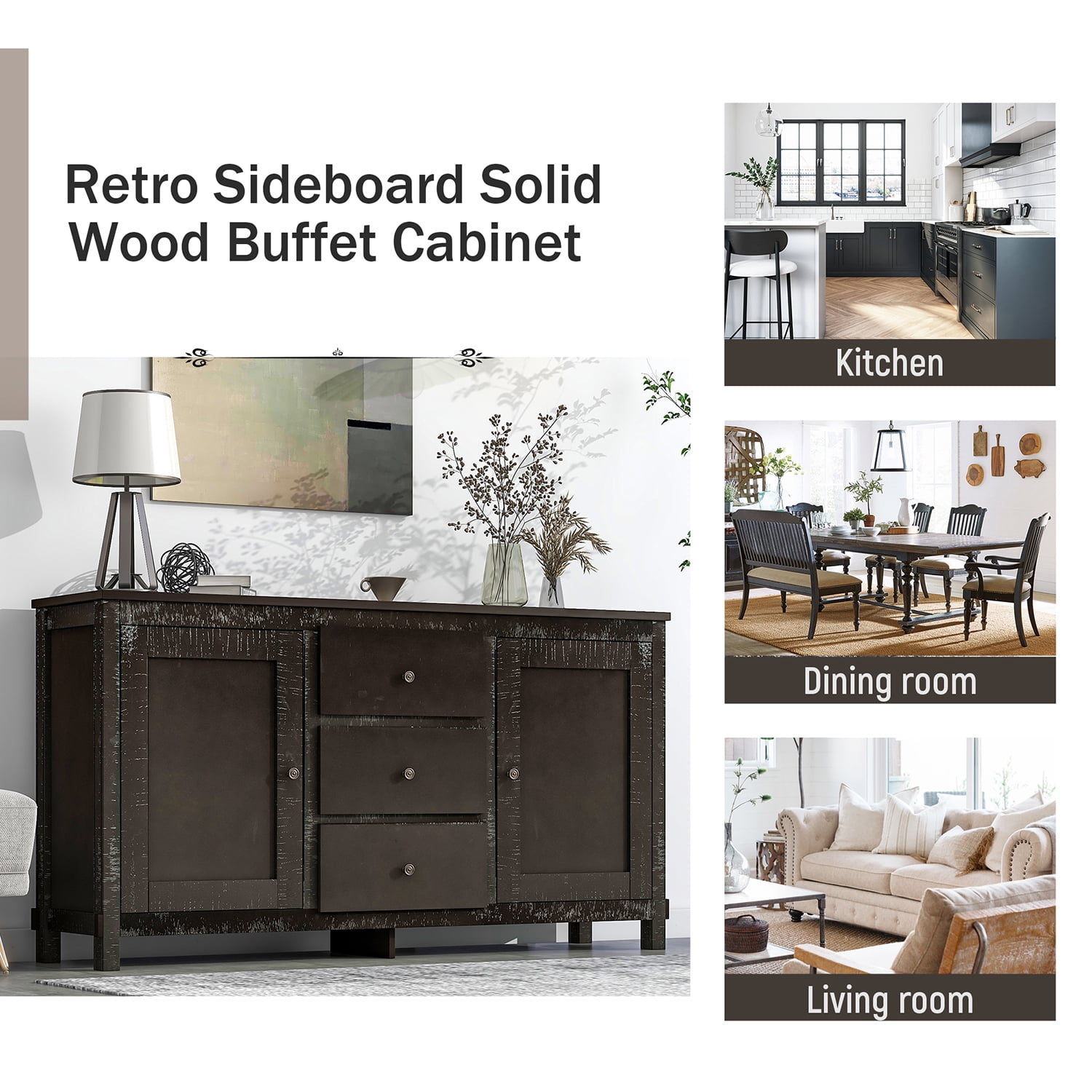 Kadyn Retro Solid Wood Buffet Cabinet, Kitchen Storage Cabinet with 2 Storage Cabinets and 3 Drawers, Sideboard Storage Cabinet for Living Room, Espresso Kadyn Retro Solid Wood Buffet Cabinet, Kitchen Storage Cabinet with 2 Storage Cabinets and 3 Drawers, Sideboard Storage Cabinet for Living Room, Espresso