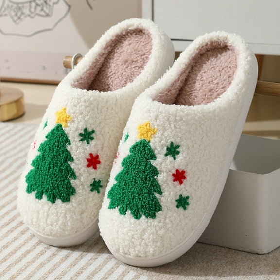 Weloille Christmas Cotton Slippers Winter Warm Padded Warm Shoes Christmas Tree Cotton Slippers Women's Home Soft Bottom Non-slip Indoor Floor Mute Cotton Slippers