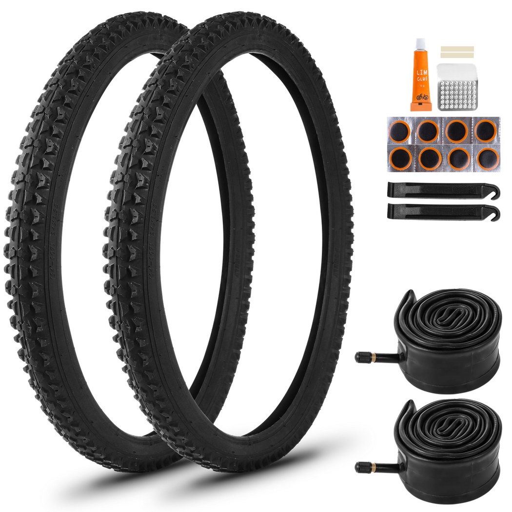 2 Pack 24" x 1.95" Mountain Bike Tire Replacement Set,Bike Tires with Repair Kit, Folding Portable MTB Tires, Replaceable Bike Tires with Inner Tubes and Levers, Rubber Tires for Hard Roads