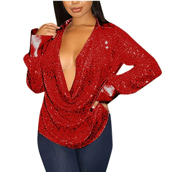 FAIWAD Sequin Tunic Tops for Women Long Sleeve Deep V Neck Layering Pullover Tops Cocktail Party Sequin Tops