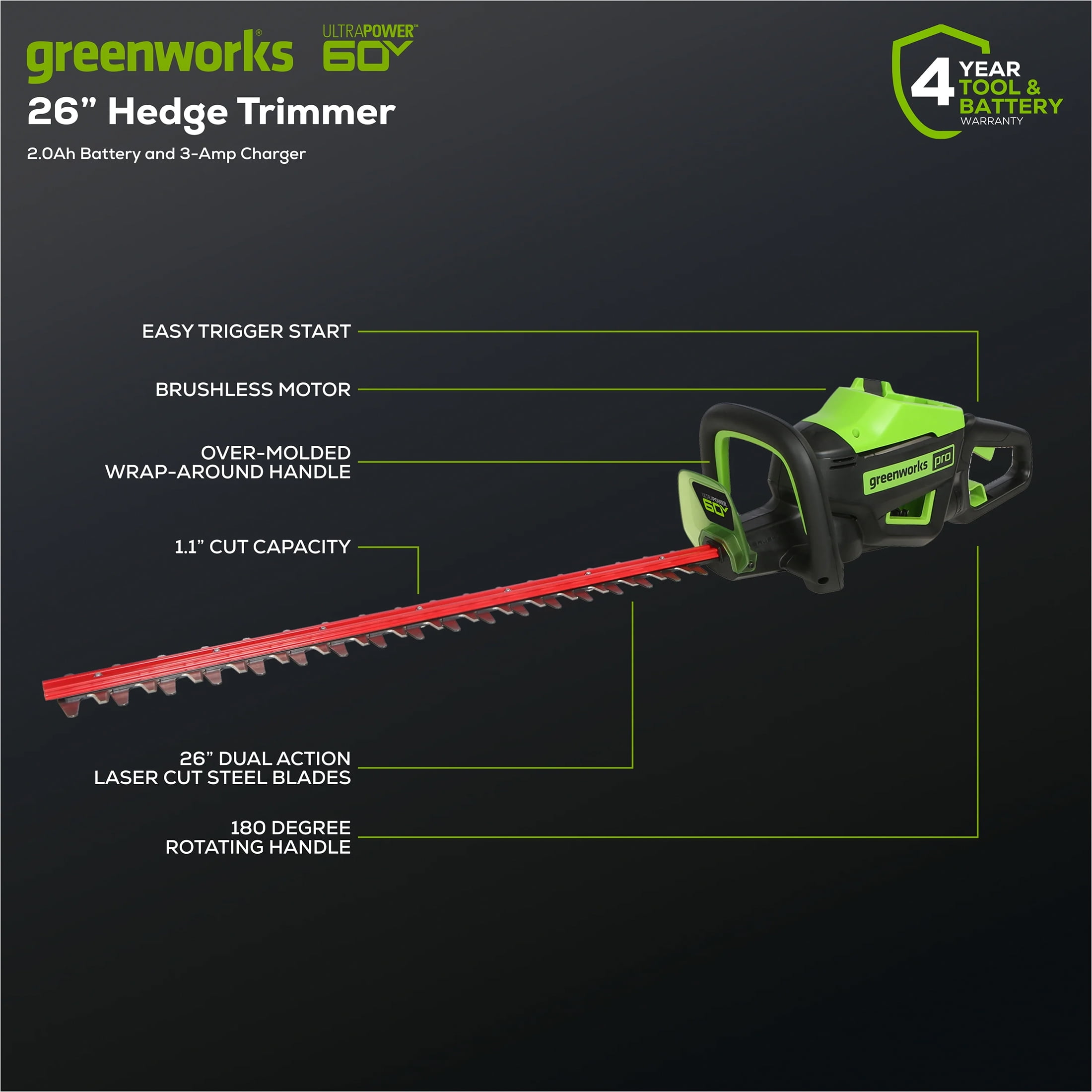 Greenworks 60V 26" Cordless Battery Hedge Trimmer with 2.0Ah Battery & Charger 2212002
