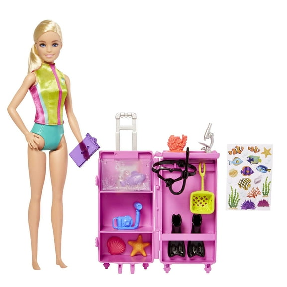 Barbie Marine Biologist Doll and Accessories, Mobile Lab Playset with Blonde Doll and 10 Pieces