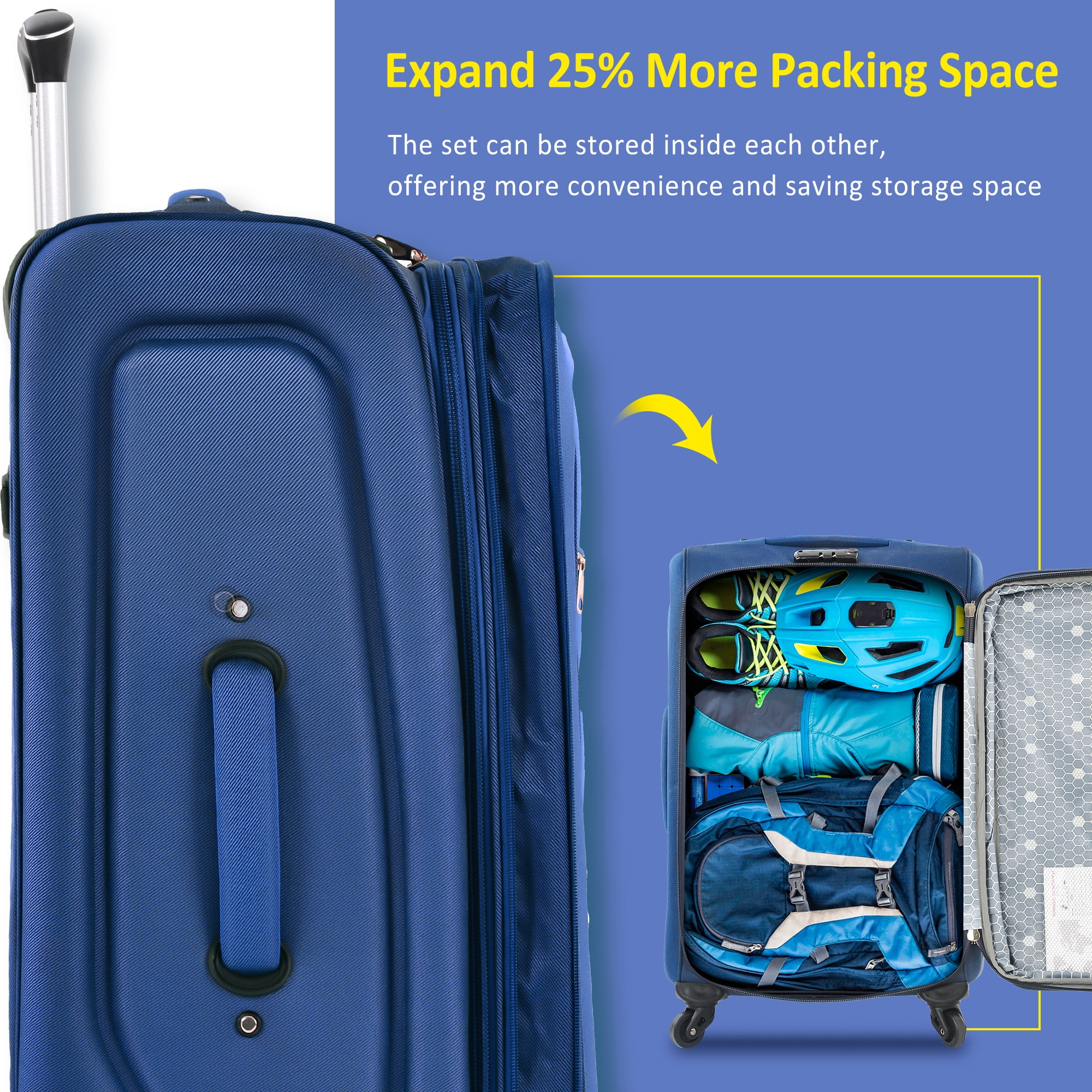 EUROCO 3 Piece Softside Luggage Set,Expandable Suitcase Set with TSA Lock and Spinner Wheels,Lightweight Suitcase for Men Women(20",24",28"),Blue