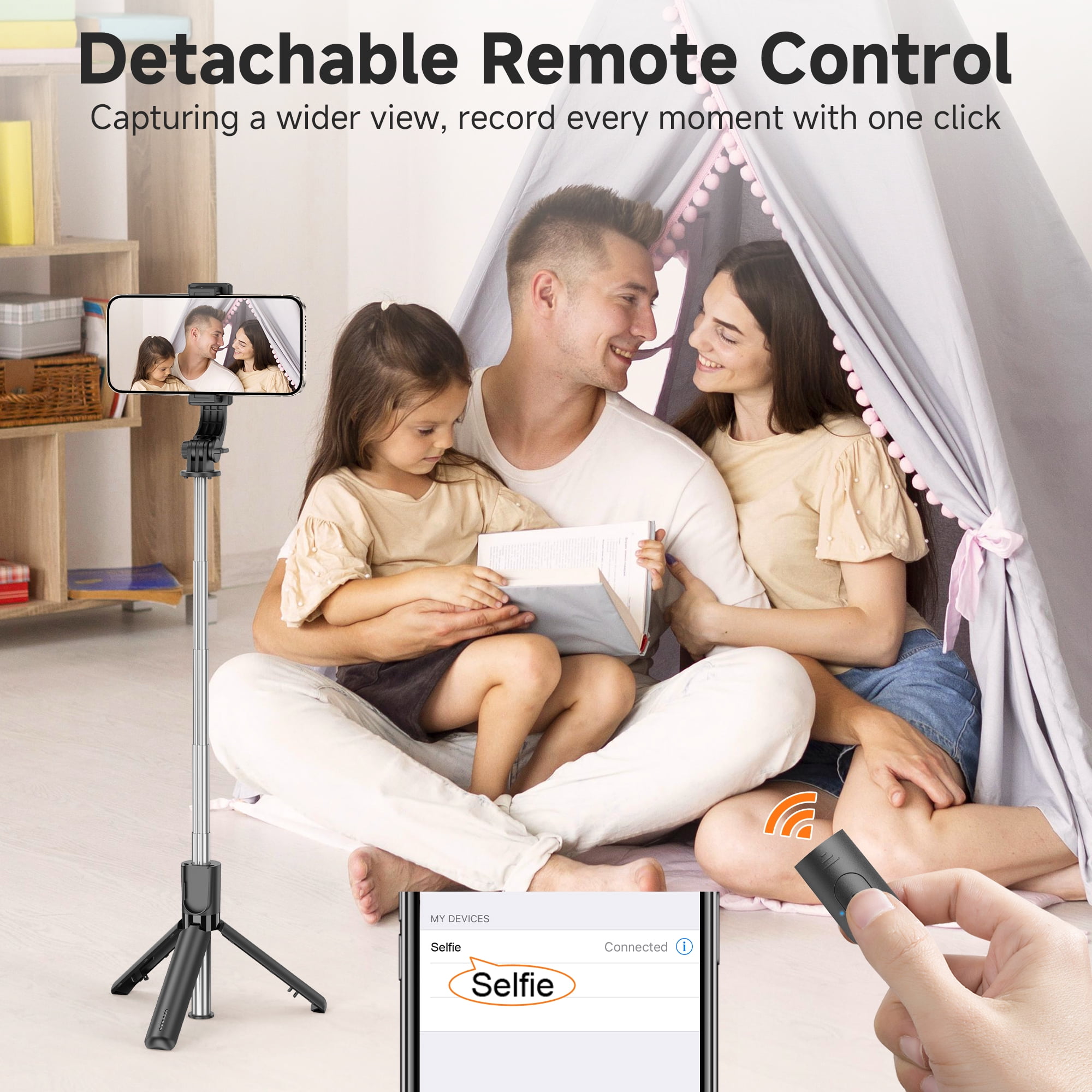 Portable Selfie Stick Tripod, 4 in 1 Extendable Phone Tripod Stand with Detachable Wireless Remote & Phone Holder 360°Rotating Mini Travel Tripod Compatible with iPhone 16/15/14 Pro Max/Android/Gopro