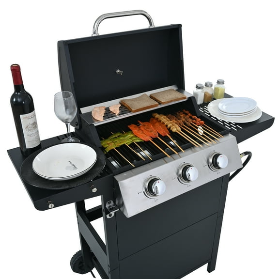 3 Burner BBQ Propane Gas Grill, Stainless Steel 30,000 BTU Patio Garden Barbecue Grill with Two Foldable Shelves