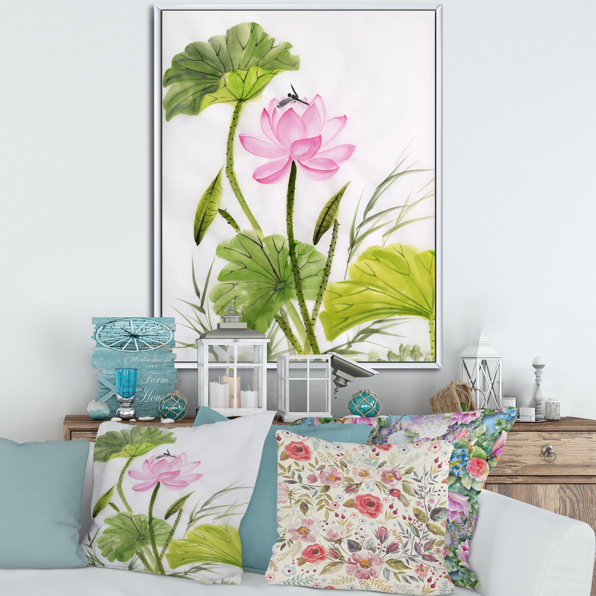Designart 'Single Vintage Pink Lotus Flower With Green Leaves' Traditional Framed Canvas Wall Art Print