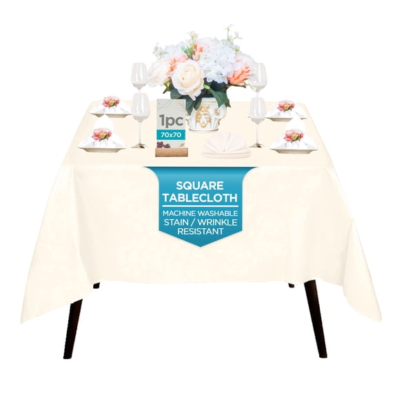Leading Linens 70x70 Inch Square Ivory Polyester Tablecloth - Stain & Wrinkle Resistant Washable Dining Table Cover for Wedding Reception Banquet Party Event