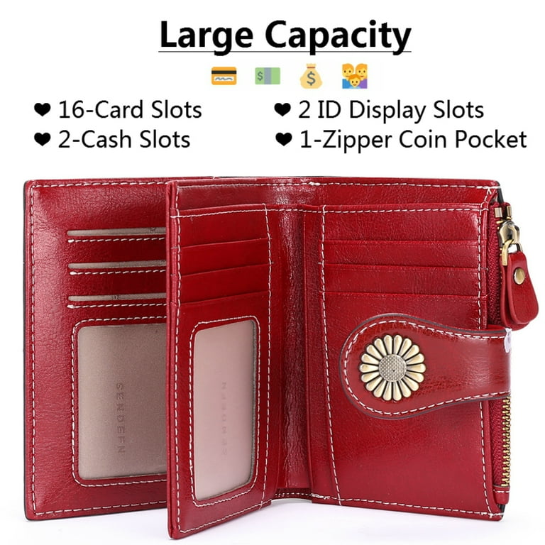 SENDEFN Women's Large Capacity RFID Blocking Leather Wallet - Wax Red, Genuine Leather With Checkbook Holder & Coin Pouch 4 thumbnail image