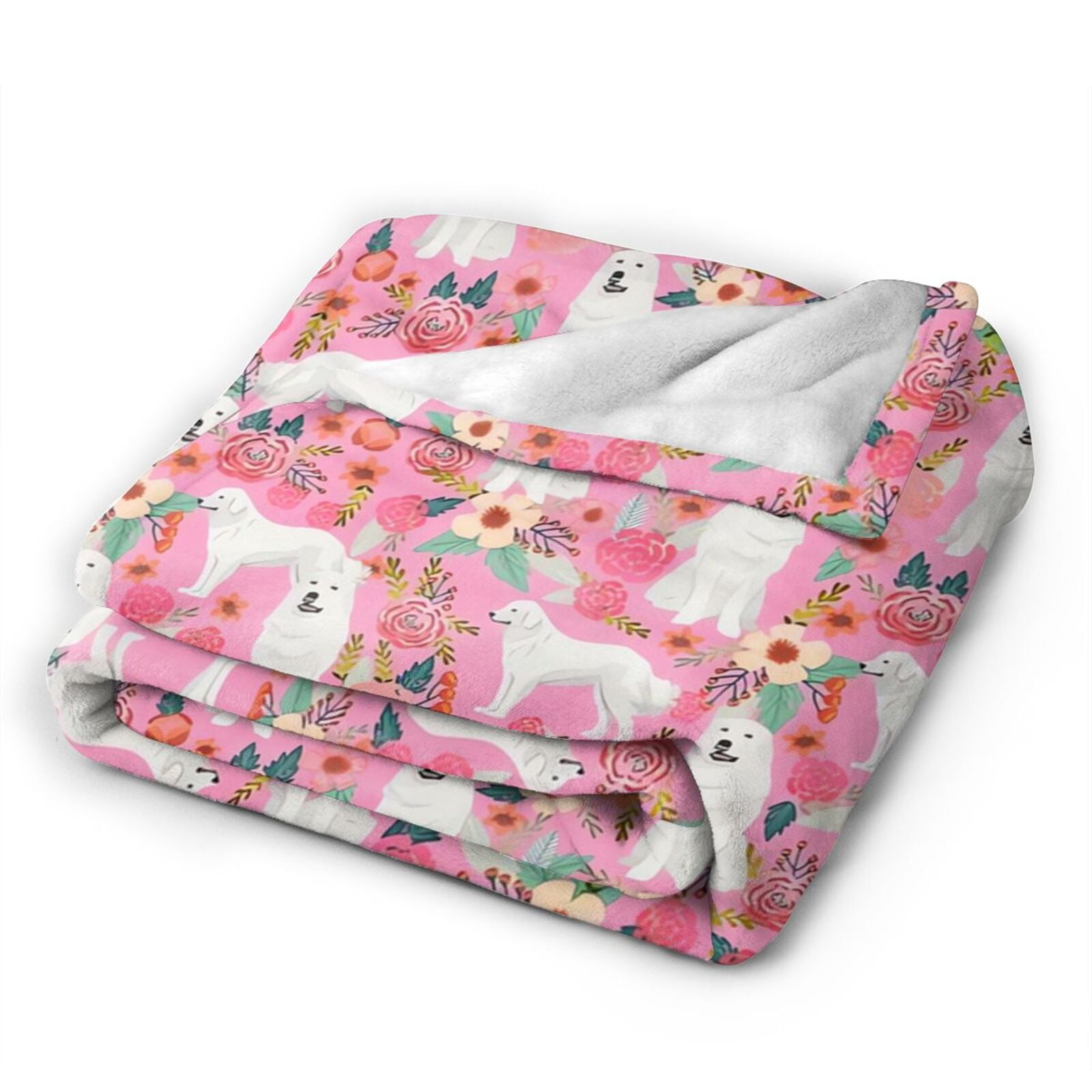 Wijzvio Great Pyrenees Dogs Pink Rose Flower Floral Throw Blanket Soft Fuzzy Fleece Blanket For Couch Bed Living Room Decoration 60"X50"