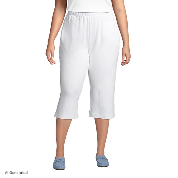 Lands' End Women's Petite Sport Knit Denim High Rise Elastic Waist Pull On Capri Pants