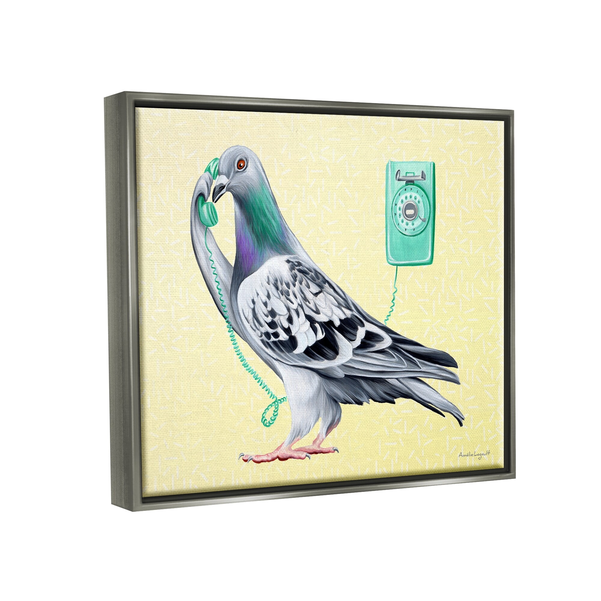 Stupell Industries Pastel Pigeon Vintage Phone Call Yellow Background Graphic Art Luster Gray Floating Framed Canvas Print Wall Art, Design by Amelie Legault