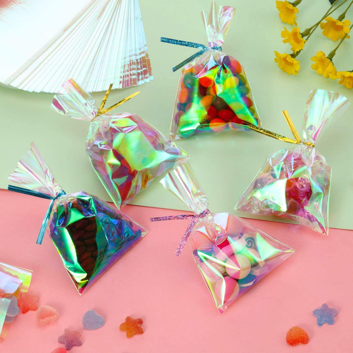 120 Pieces Iridescent Holographic Cellophane Party Favor Treat Bag with 200 Pieces 3 Colors Iridescent Holographic Twist Ties for Party Wedding Girl Birthday 3 x 5 Inch 