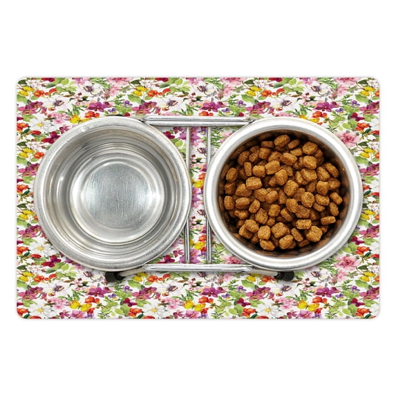 Flower Pet Mat for Food and Water, French Vintage Retro Flower Pattern Old Fashion Design, Non-Slip Rubber Mat for Dogs and Cats, 18" X 12", by Ambesonne