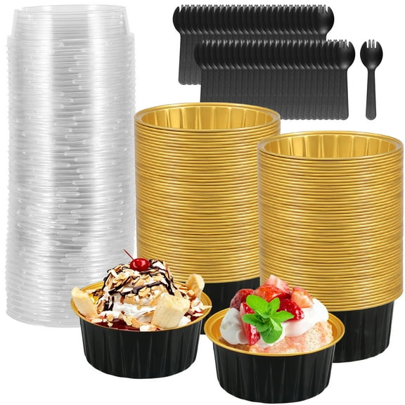 100Pcs Aluminium Foil Baking Cup 5oz Mini Cake Pan with Lid and Spoon Heat Resistant Cupcake Baking Cup Reusable Foil Muffin Liner for Vacation Party