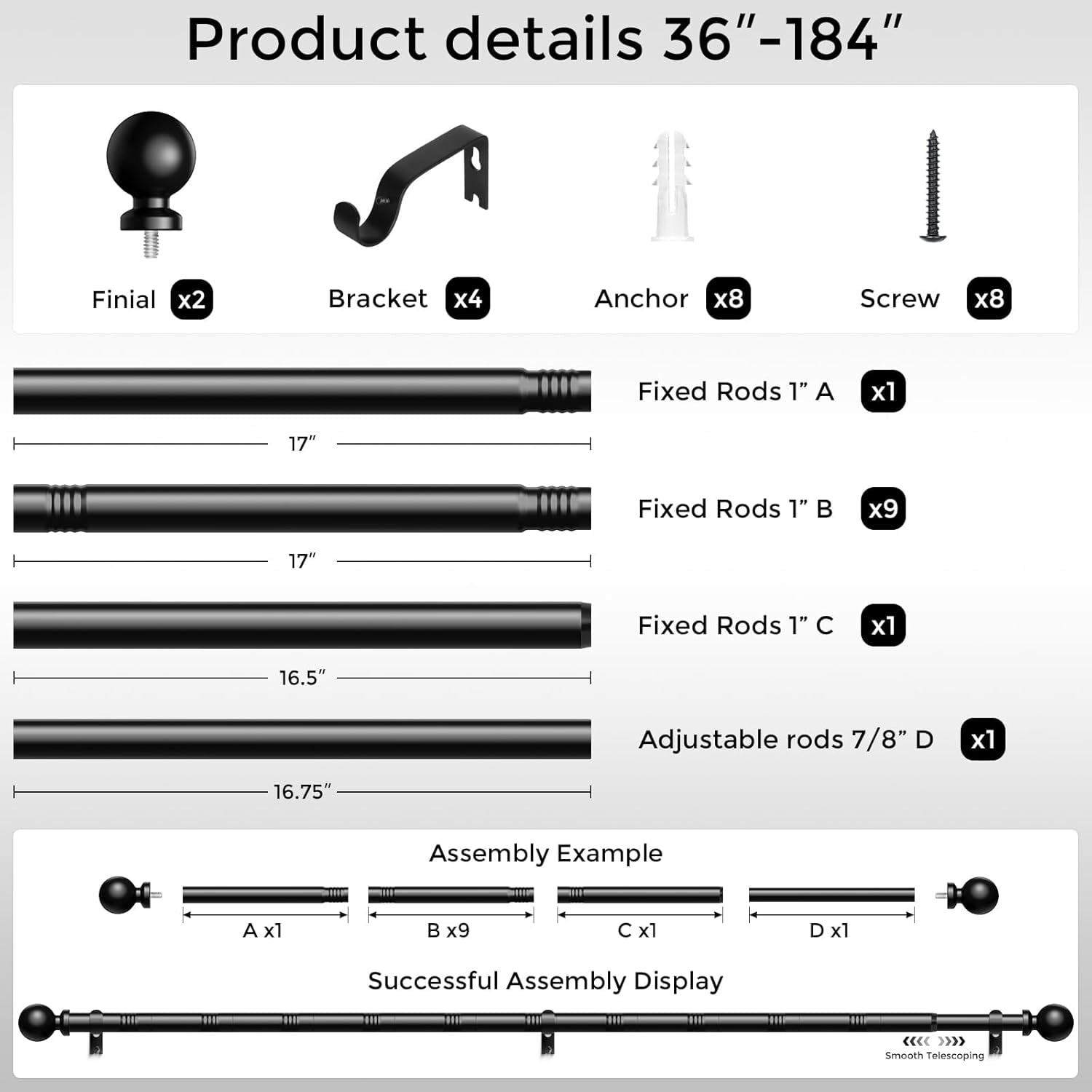 Extra Long Curtain Rods 120 to 170 Inch, Black 1 Inch Adjustable Heavy Duty Curtain Rods for Windows, Decorative Modern Window Treatment Ros, Splicing Metal Drapery Pole, Easy Installation