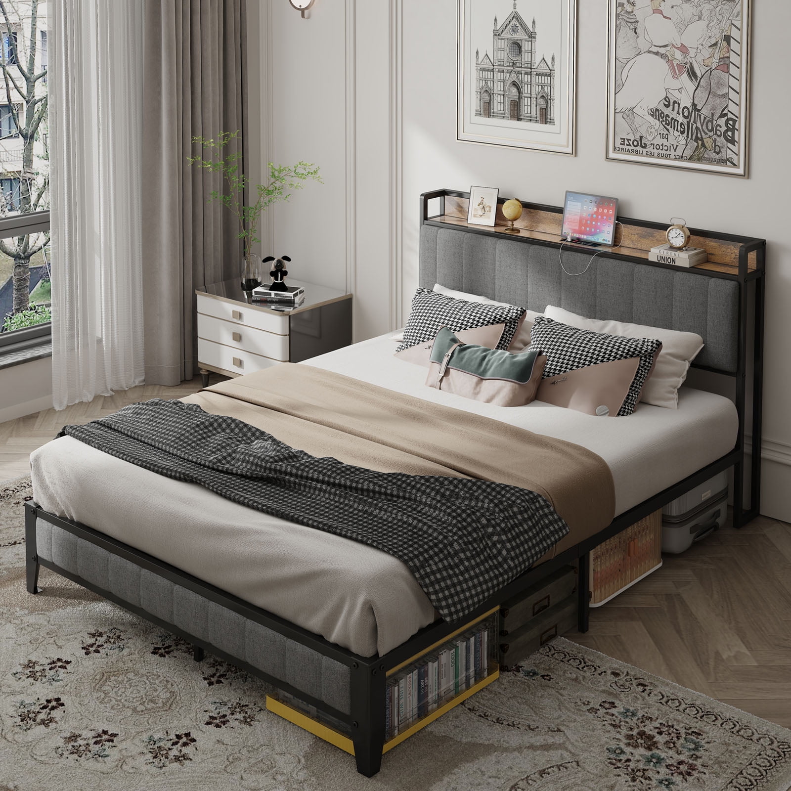 Yoneston Queen Size Metal Bed Frame with Upholstered Headboard and Charging Station for Adults, No Box Spring Needed, Dark Gray