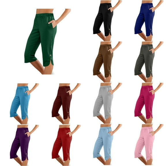 Ahuyic Womens Solid Color Long Pants, Plus Size Pants For Women, Women Solid Color Elastic Waist Sports Casual Capris Pants With Side Pockets