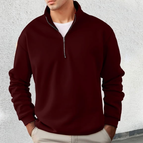 Sweatshirts For Men Quarter Zip Solid Casual Fashion Loose Fit Crew Neck Shirts Comfoty Soft Long Sleeve Y2K Outfits Spring Fall Pullover Tops Brick Red L