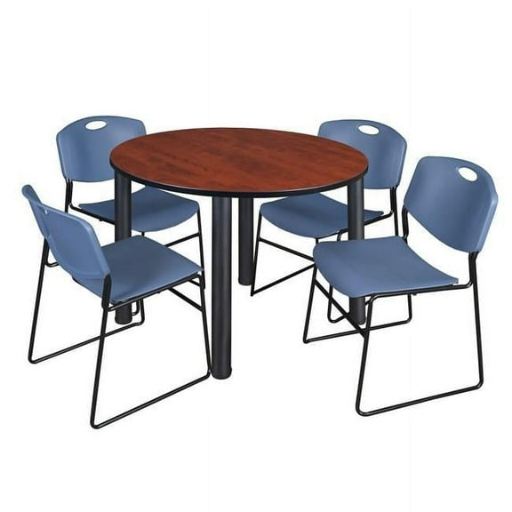 Cherry 48 in. Kee Round Breakroom Table with & Black & Blue 4 Zeng Stack Chairs