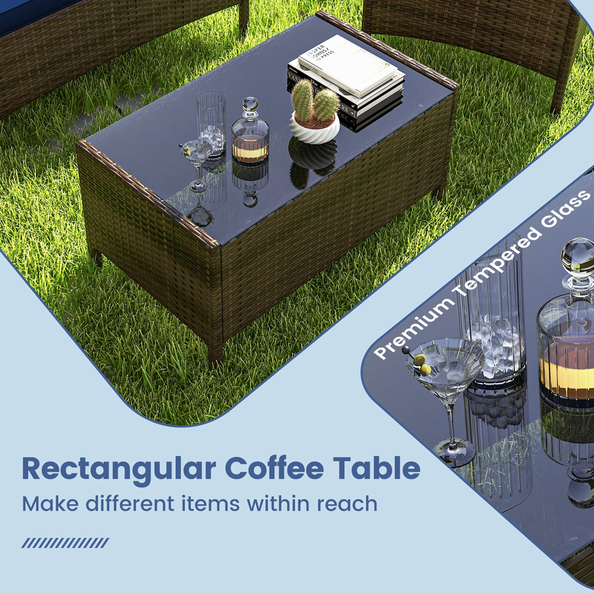 Costway 8 PCS Patio Furniture Set with Washable Cushions and Tempered Glass Coffee Table Navy