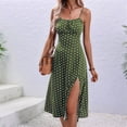 thumbnail image 5 of Womens Polka Dot Sundresses Spaghetti Strap Summer Slim Fit Side Slit Midi Dress A Line Beach Dress Light Green S, 5 of 8