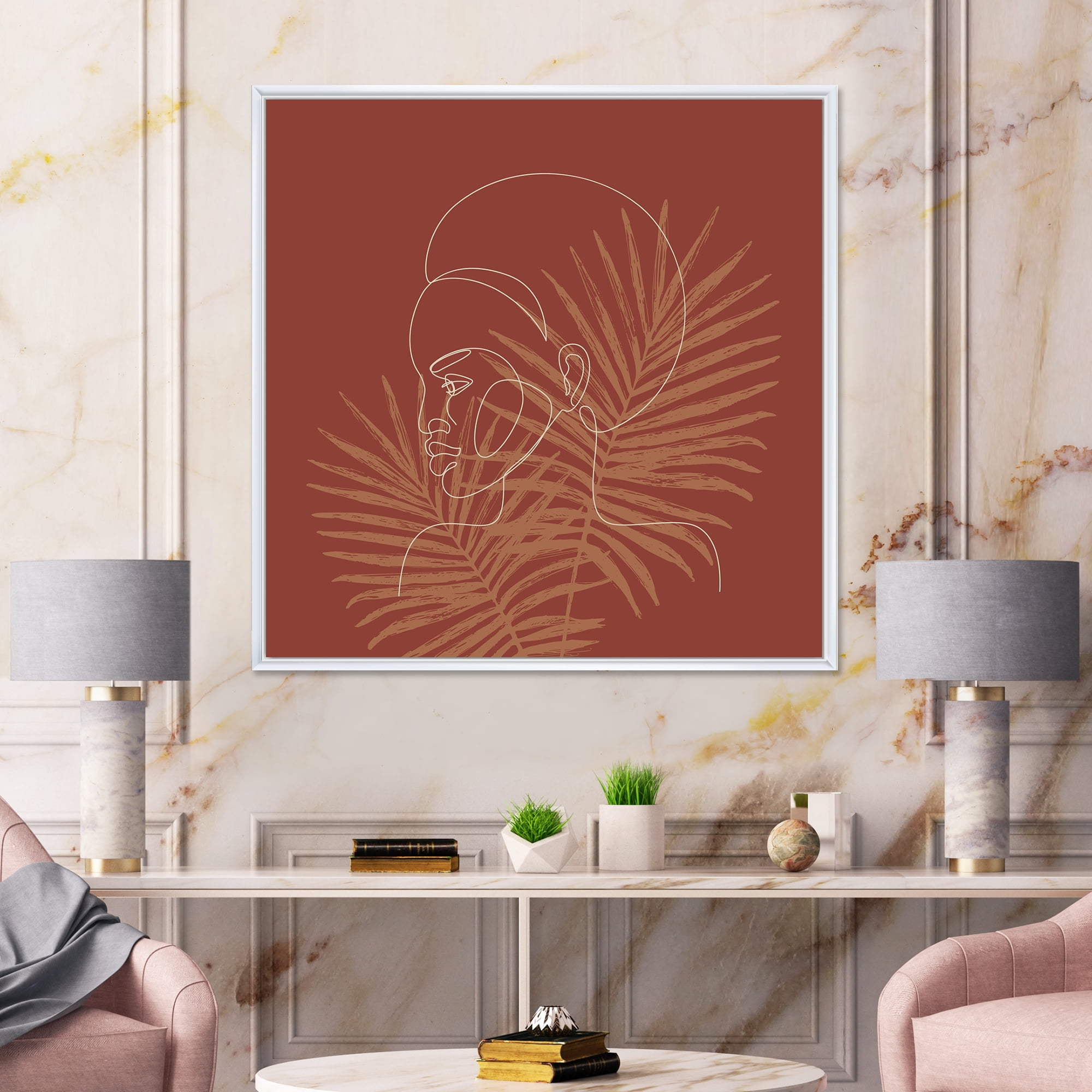 Designart 'Sillhouette of Afro American Woman on Palm Leaves' Modern Framed Canvas Wall Art Print