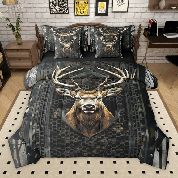 Manfei Safari Deer 7-Piece Twin Bedding Sets for Teens Boys Girls,Abstract Black Camouflage Bedding Comforter Set,Jungle Animal Breathable Sheet Sets,Super Cozy Room Decor,Reversible