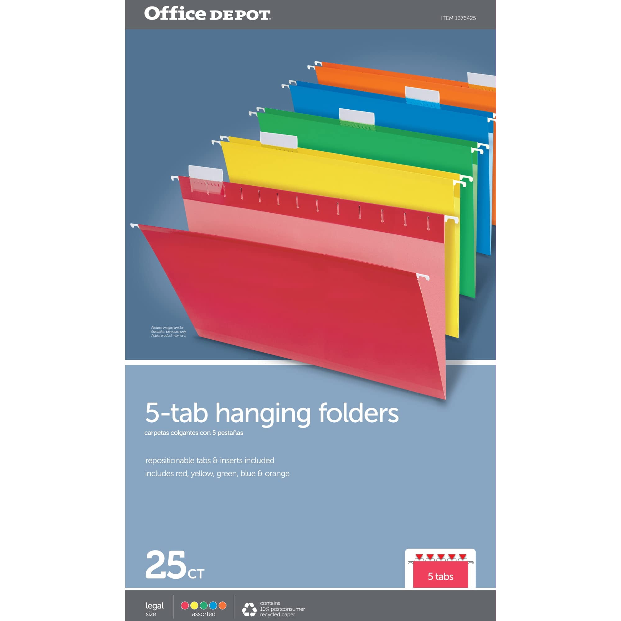 Office Depot Hanging Folders, 15 3/4in. x 9 3/8in., Legal Size, Assorted Primary Colors, Box Of 25, OM97649