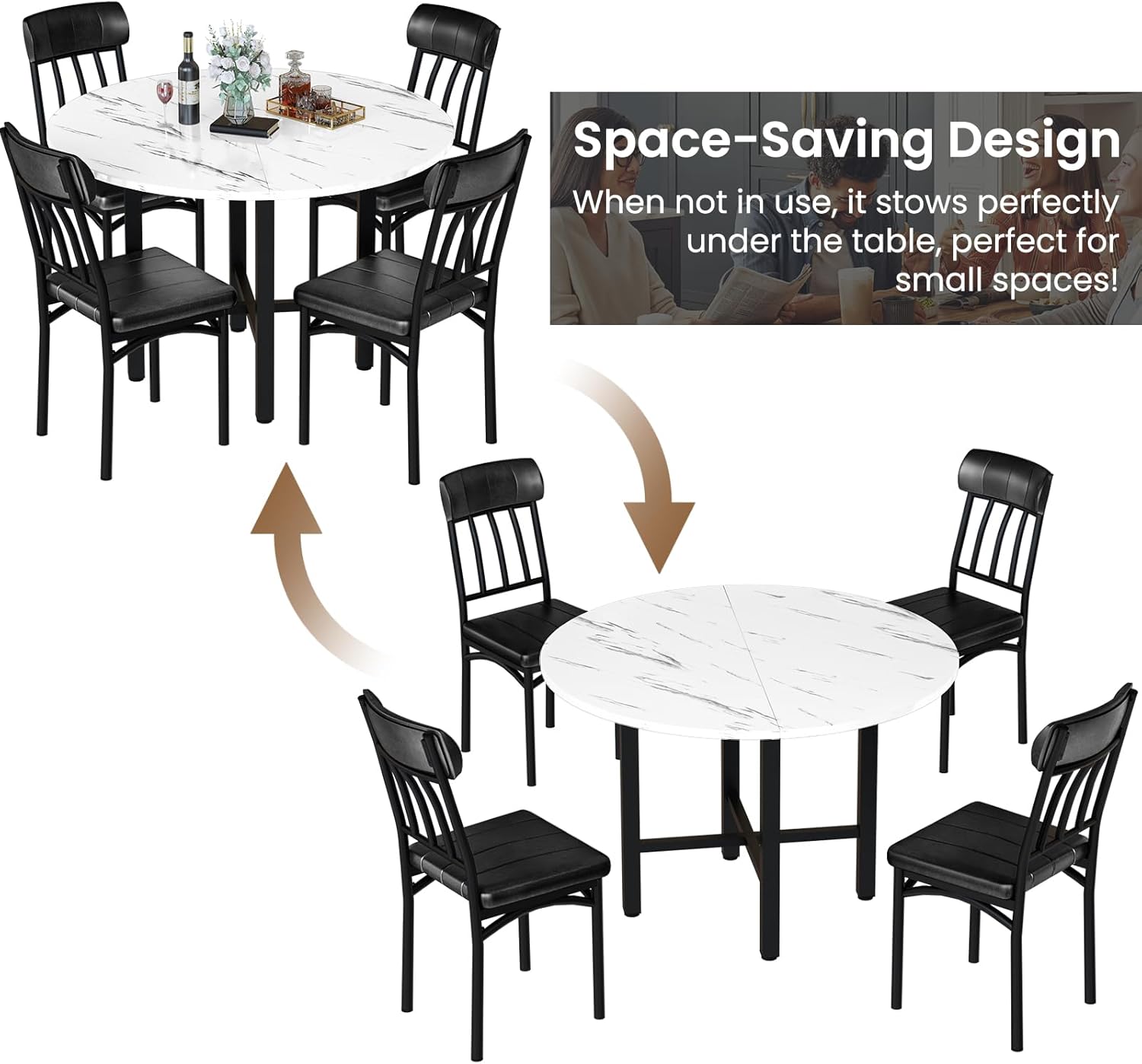 Lamerge Round Dining Table Set for 4,Wood Round Kitchen Table and Chairs Set for 4,Modern Dining Room Table Set with 4 Faux Leather Chairs,Round Dinner Table for Small Space,Brown