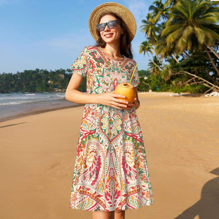 Vsdgher Indian Paisley 1 for Womens Summer 2025 Casual Midi Maxi Dresses  Lightweight Short Sleeve Round Neck Beach Dress -Medium - Walmart.com