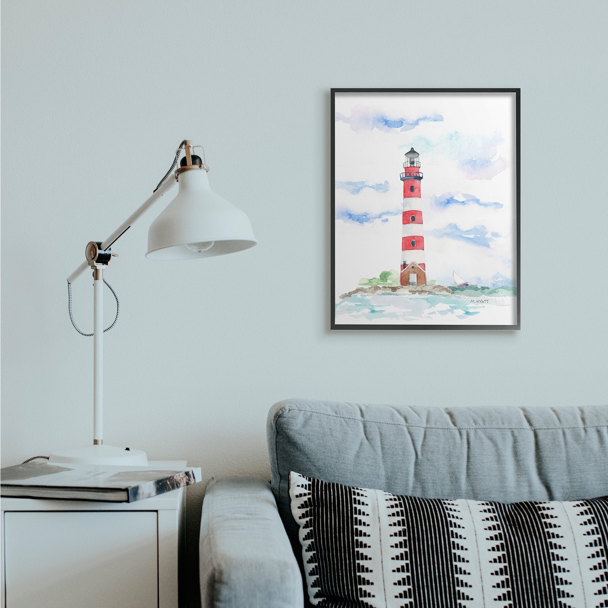 Stupell Industries Red Stripe Lighthouse Soft Coastal Landscape Black Framed, 24 x 30, Design by Melissa Hyatt LLC