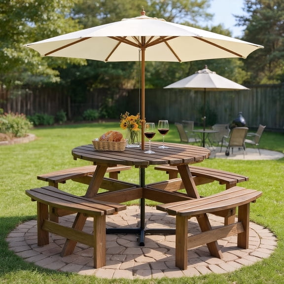 Resenkos Patio 8 Seat Wood Picnic Dining Seat Bench Set for Patio Back Deck, Balcany, Poolside, Brown