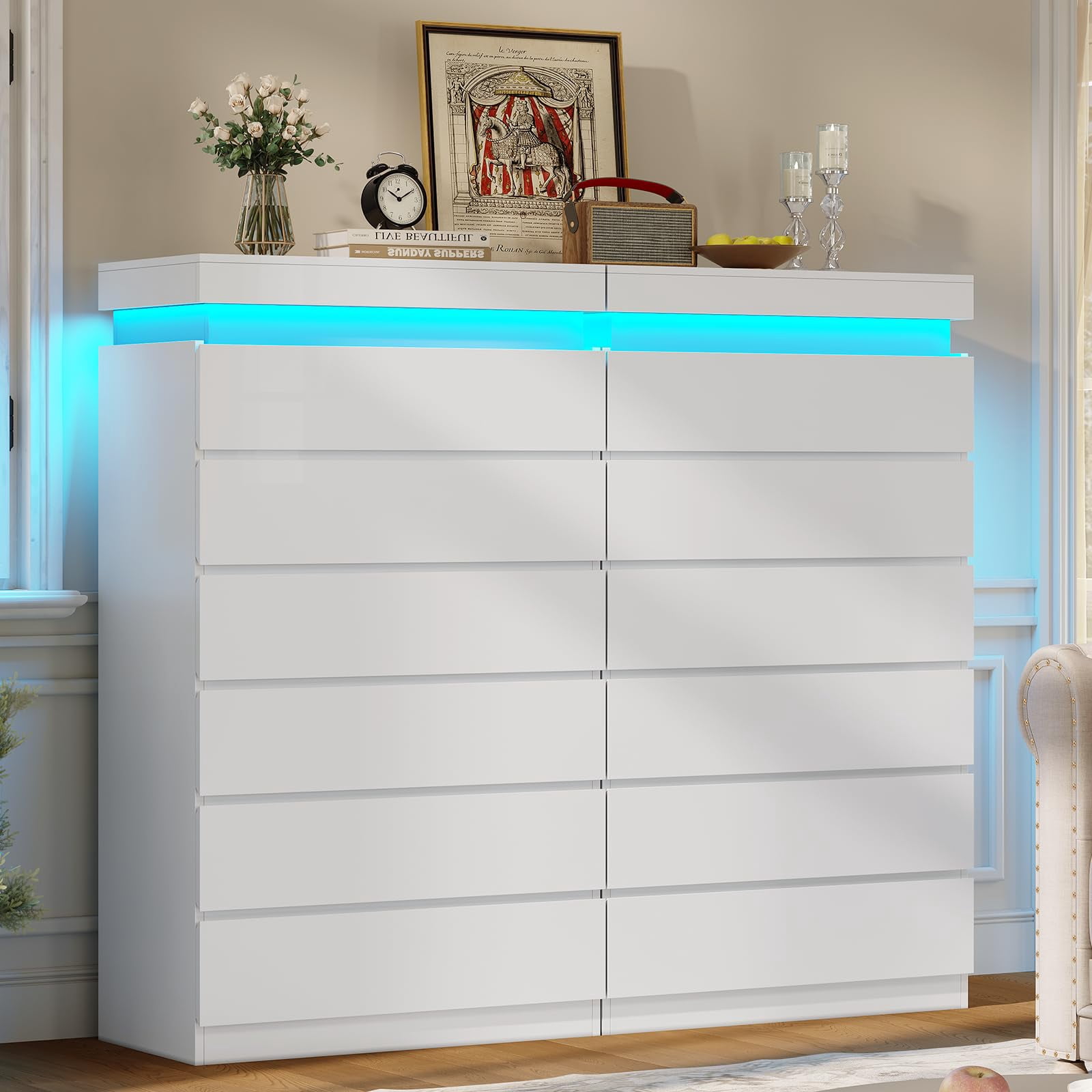 Tall 6 Drawer dresser with LED lights,chest of 7 drawers,modern large capacity storage cabinet with deep drawers, White dresser for bedroom, living room