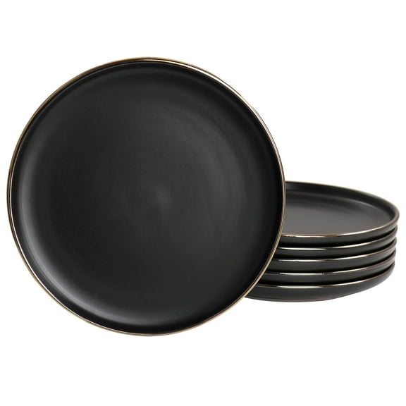 Elama Paul 6 Piece Stoneware Salad Plate Set in Matt Black with Gold Rim