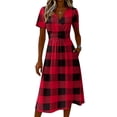 thumbnail image 4 of Ladies' Plaid Casual Fashionable Short Sleeved V-neck Dress Red E L, 4 of 5