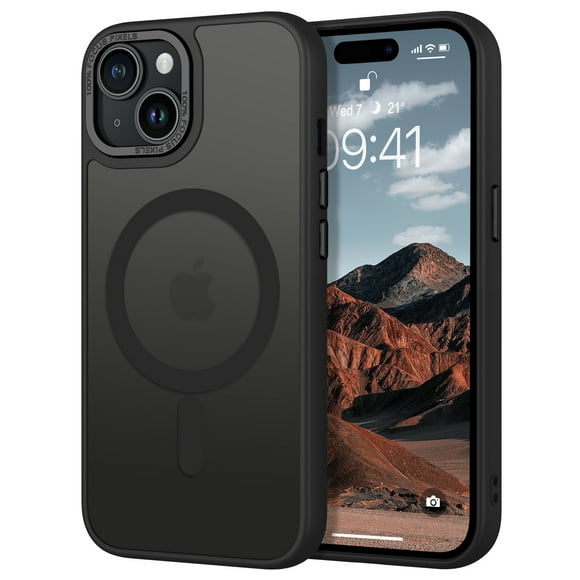 DOMAVER Magnetic iPhone 15 Case (6.1") - Slim Fit Matte Translucent Cover | MagSafe Compatible | Shockproof Anti-Yellowing | Black