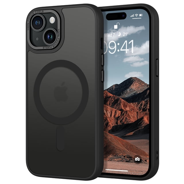 DOMAVER Magnetic iPhone 15 Case (6.1") - Slim Fit Matte Translucent Cover | MagSafe Compatible | Shockproof Anti-Yellowing | Black