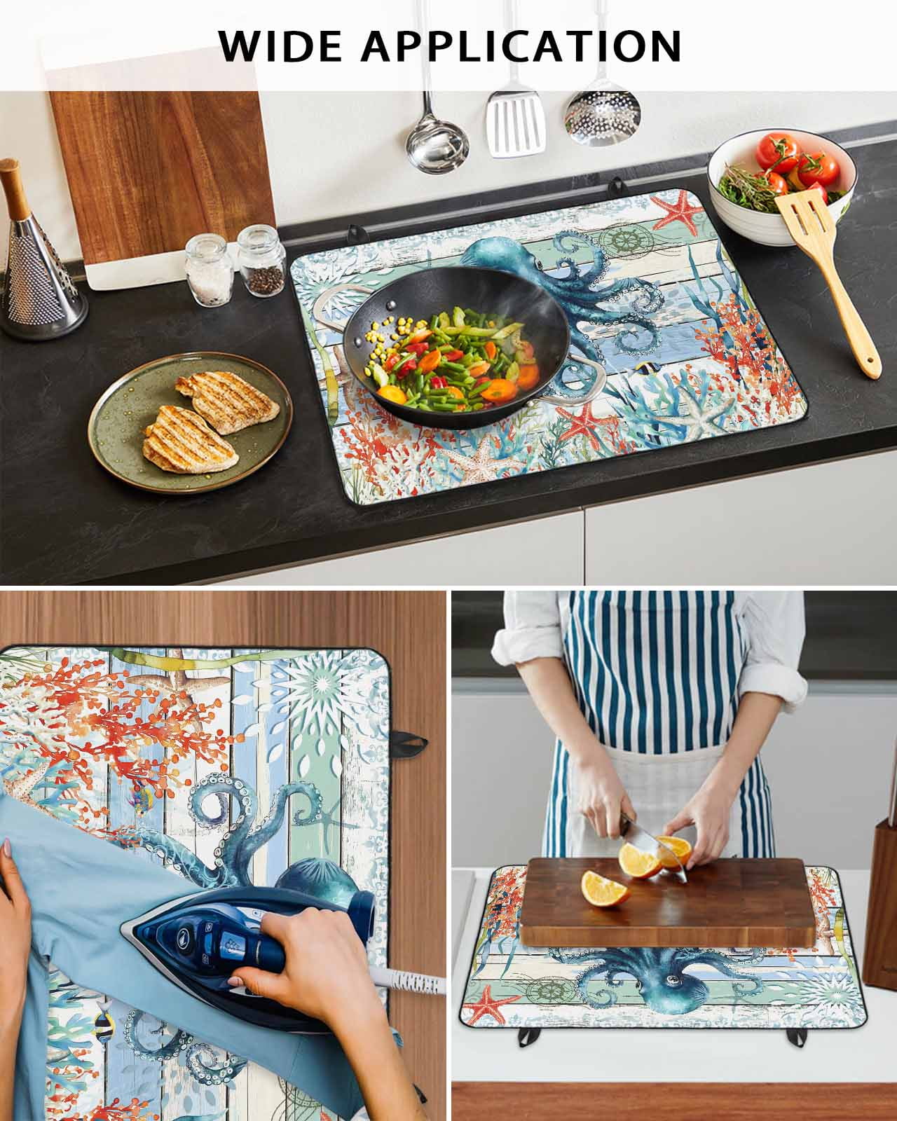 nqOlkjepod Large Induction Cooktop Protector Mat 24"x21", Octopus Coastal Stove Top Covers for Electric Stove, Summer Beach Ocean Coral Wooden Stove Burner Cover Mats, Glass Top Stove Cover