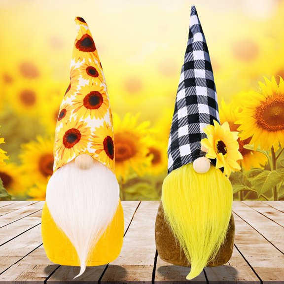 2PCS Sunflower Garden Gnome Summer Fall Thankful Buffalo Plaid Sunflower Farmhouse Tiered Tray Rustic Scandinavian gnome Christmas Ornaments Swedish Nisse Tomte Home Decoration