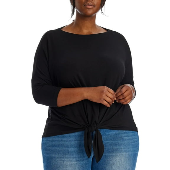 Karen Kane Women's Plus Tie Front 3/4 Dolman Sleeve Boatneck Blouse Top-Black / 0X