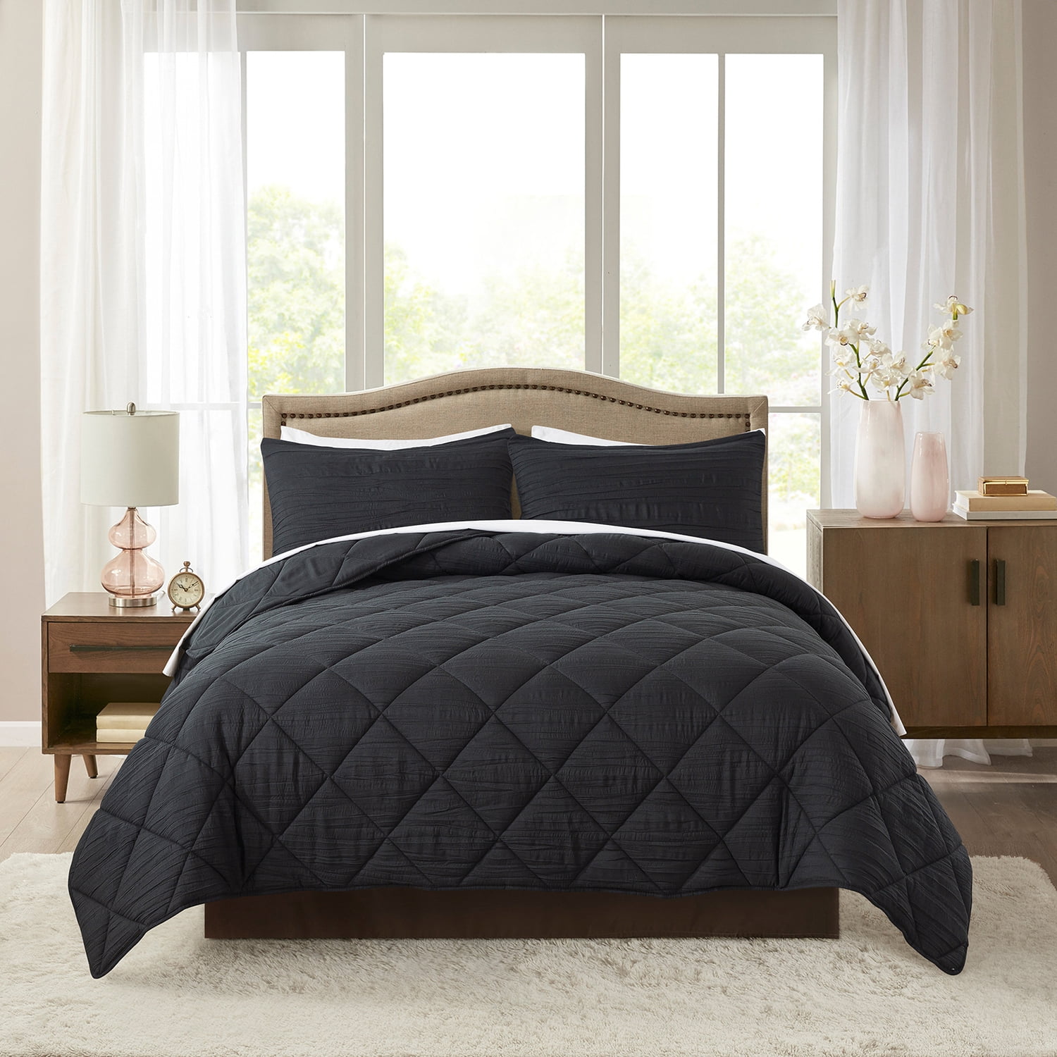 JML Ensemble de Couette Très Grand Size 3 Pcs - 480GSM Texture Froissée Design Carré, Noir