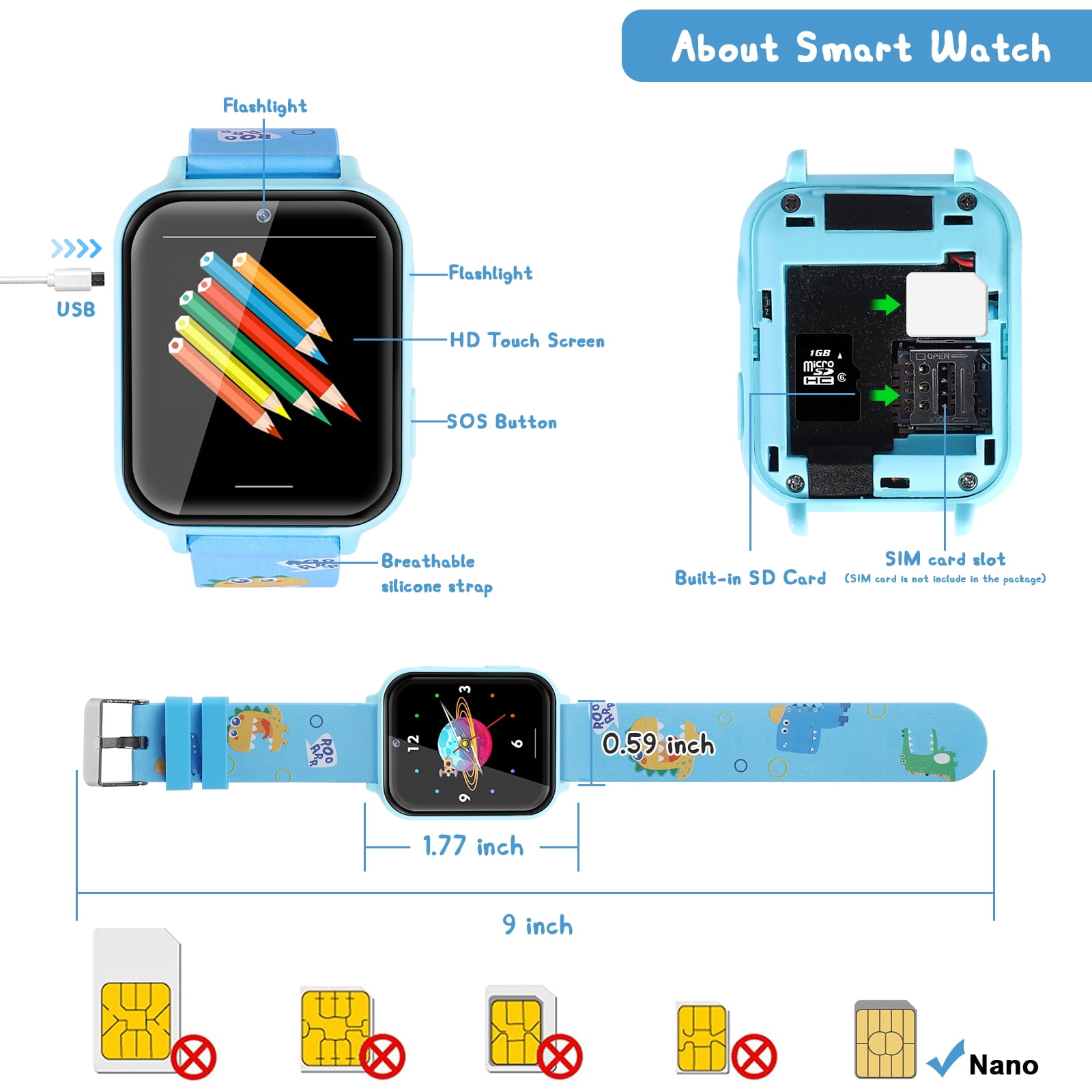 Smart Watch for Kids, Boys Girls Smartwatch with 10 Puzzle Games, Music Player, Pedometer, SOS Call, Camera, Alarm, Recorder, Calculator, Children Wristwatch for Birthday Gift (Blue)