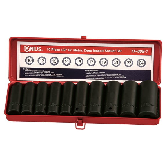 Genius Tools 10 Piece 1/2" Dr. Metric Deep Impact Socket Set - TF-008