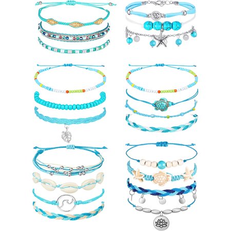 DESIGNICE 21 Pc Surfer Wave Friendship Bracelet Set Waterproof Adjustable Boho Beach String Anklets Bulk, Summer Gift for Women String Bracelets