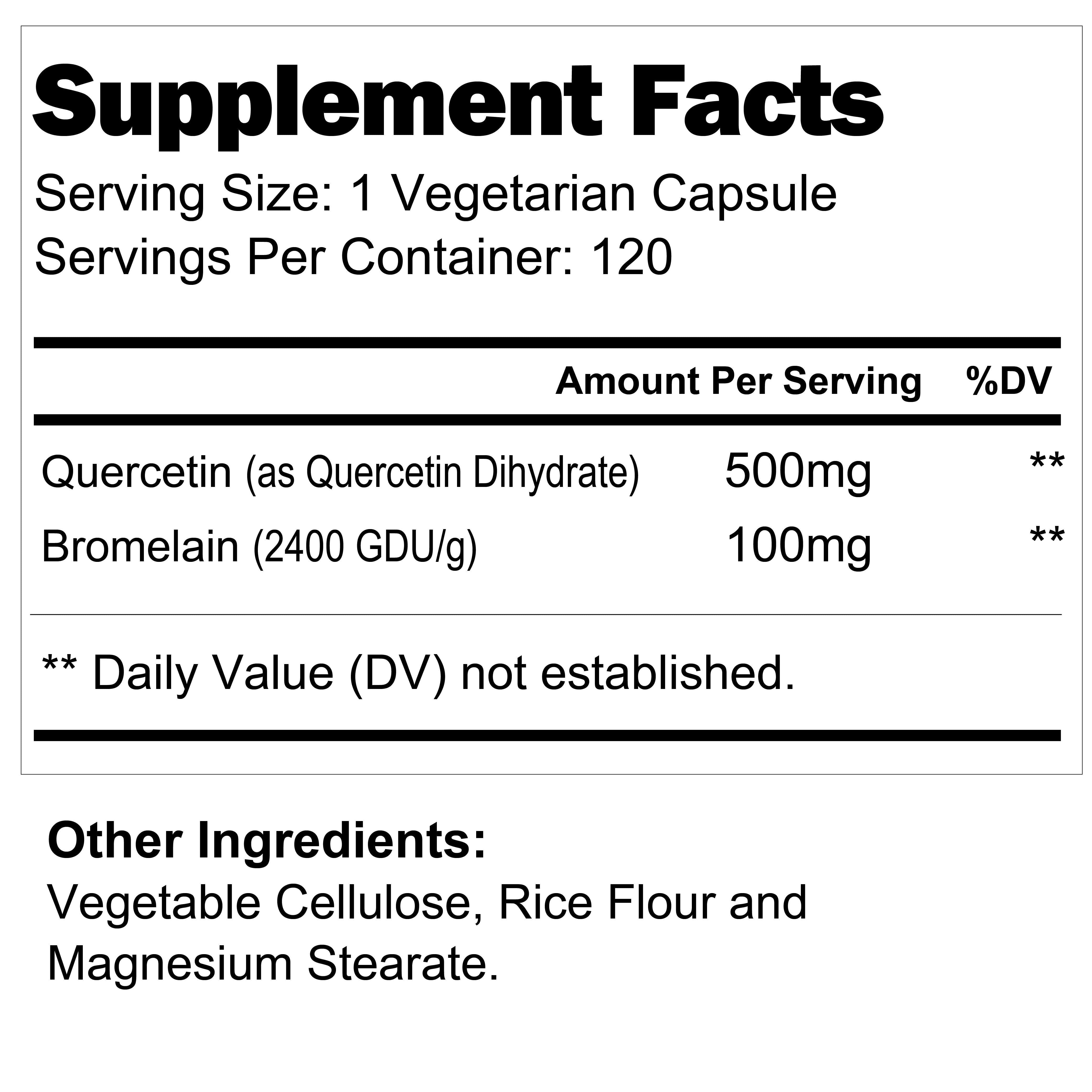 LongLifeNutri Quercetin 500 mg with Bromelain 100 mg - 120 Vegetarian Capsules, Natural Antioxidant